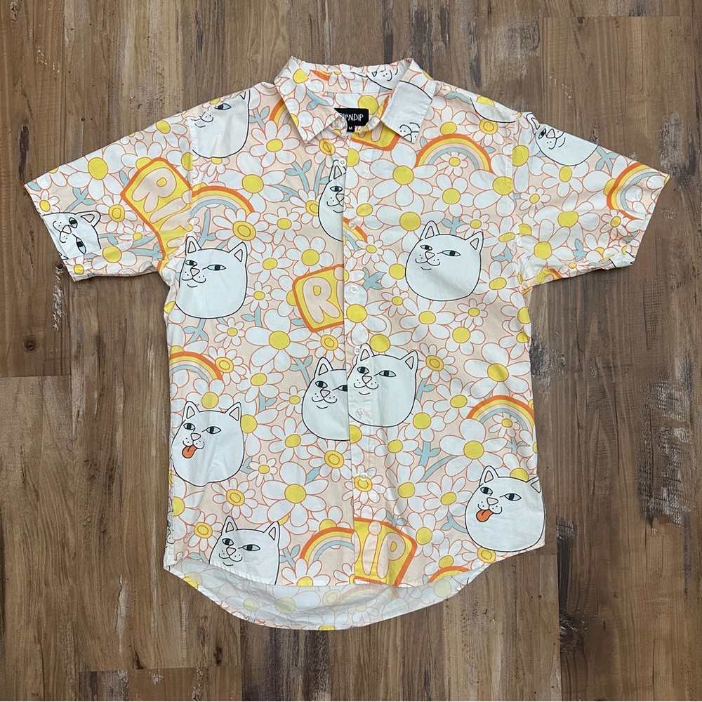 Ripndip Pastel Rainbow Cat Kitten Daisy Floral Daze Button Up Shirt